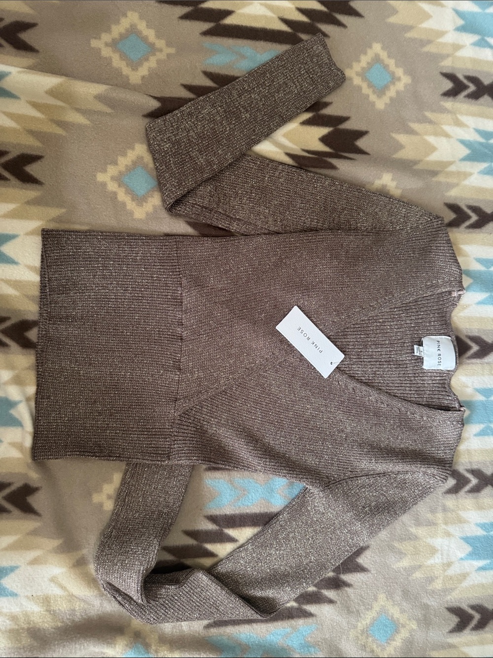 Pink Rose Metallic Taupe V-Neck Sweater